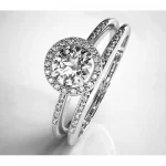 Round Cut CZ Halo Sterling Silver Wedding Ring Set